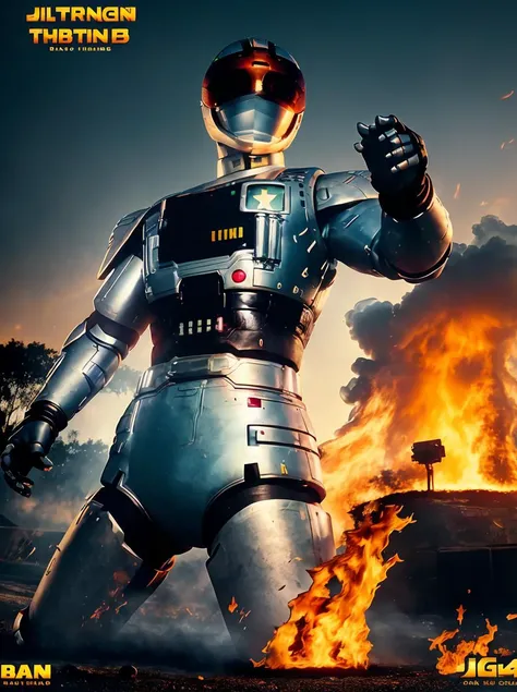 a close up of a robot with a gun in front of a fire