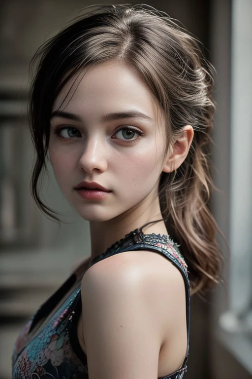 a close up of a woman with a ponytail in a dress