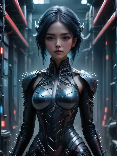 a woman in a futuristic suit standing in a hallway