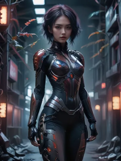 a woman in a futuristic suit standing in an alley