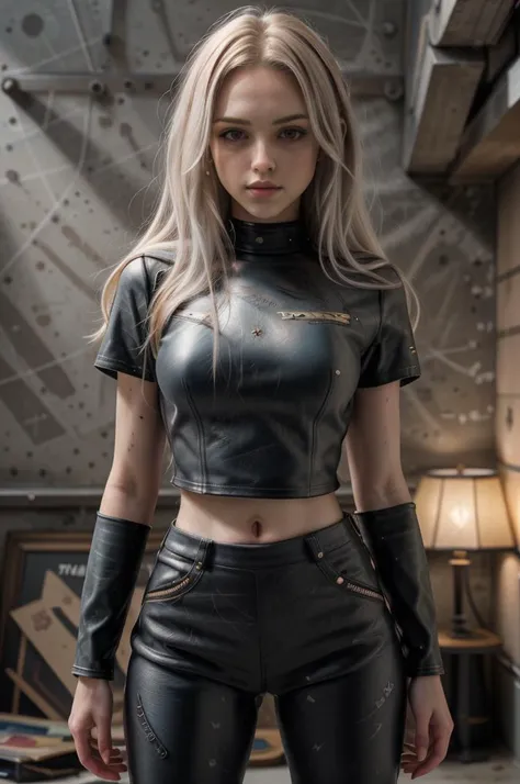 a woman in a black leather outfit standing in a room