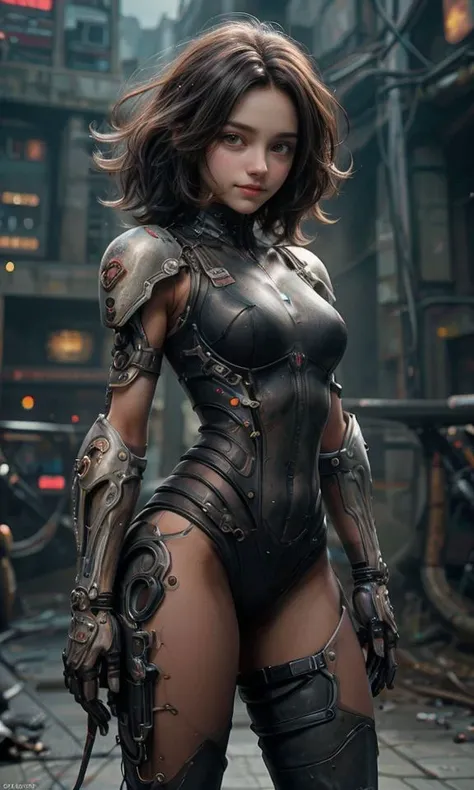 a woman in a futuristic outfit standing in a city