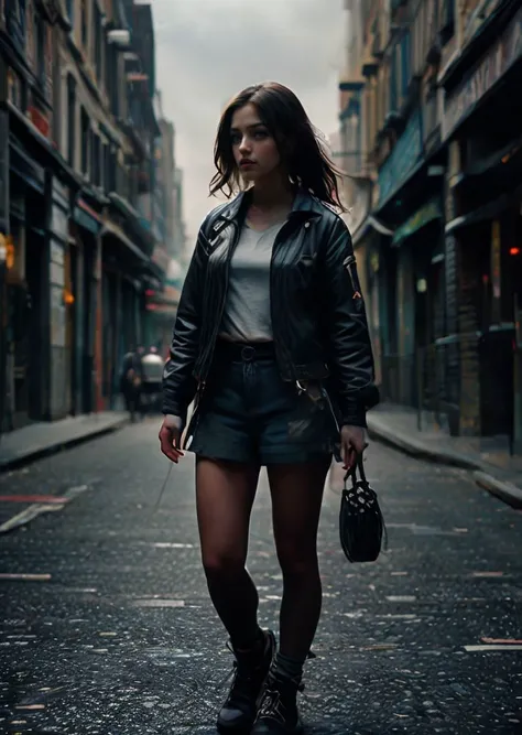 arafed woman in a leather jacket and skirt walking down a street