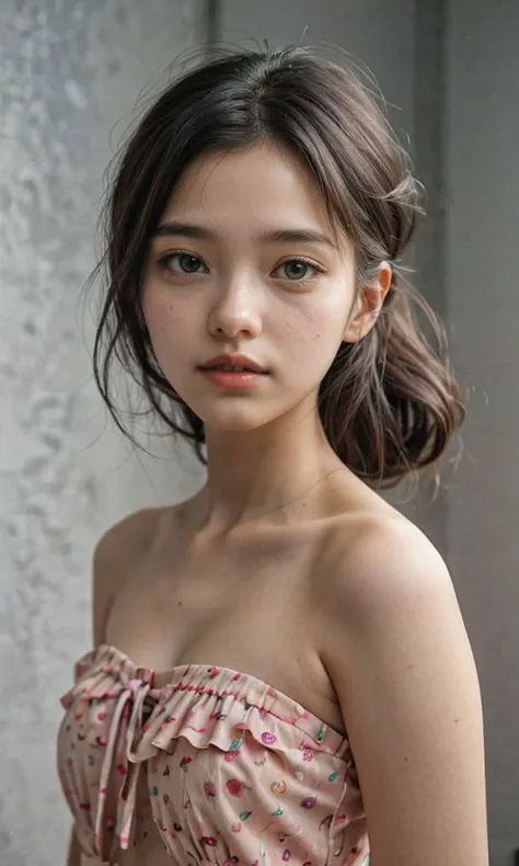 a close up of a woman in a pink dress posing for a picture