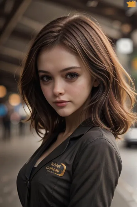 a woman with a brown shirt and black jacket standing on a street