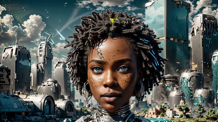 a woman with dreadlocks stands in front of a city skyline