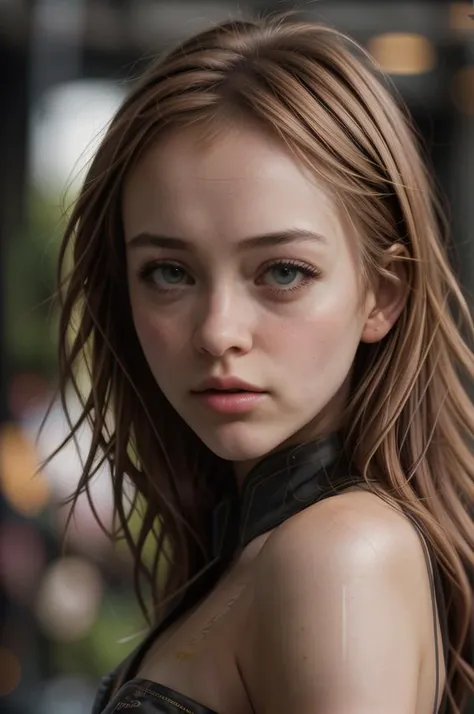 a close up of a woman with long hair and a leather jacket