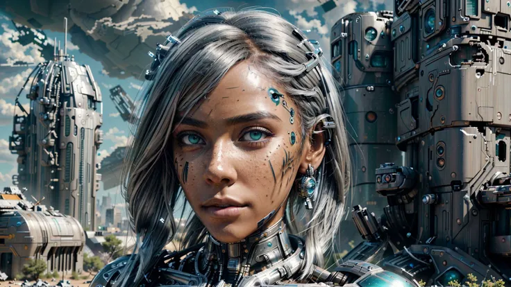 a woman with a futuristic face and silver hair stands in front of a futuristic city