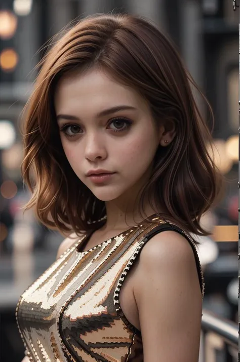 a close up of a woman with a dress on posing for a picture