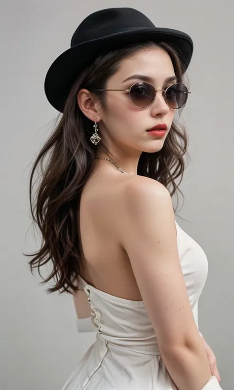 a woman wearing a hat and sunglasses posing for a picture