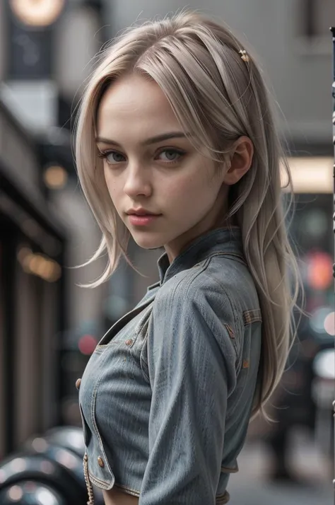 a close up of a woman with a long blond hair