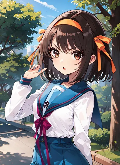 ((best quality)), ((highly detailed)), , (1girl), (solo), dynamic pose, upper body, <lora:suzumiya_haruhi_lora_ver1:.6>, haruhisuzumiya, brown eyes, brown hair, medium hair, angry, hair ribbon, hairband, kita high school uniform, serafuku, sailor collar, w...