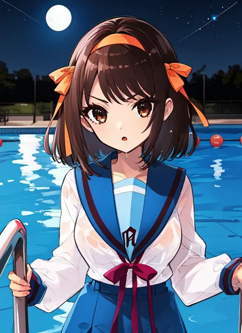 ((best quality)), ((highly detailed)), extremely detailed face, beautiful face, , (1girl), (solo), Forced Perspective, upper body, <lora:suzumiya_haruhi_lora_ver1:.8>, haruhisuzumiya, brown eyes, brown hair, medium hair, angry, hair ribbon, hairband, kita ...