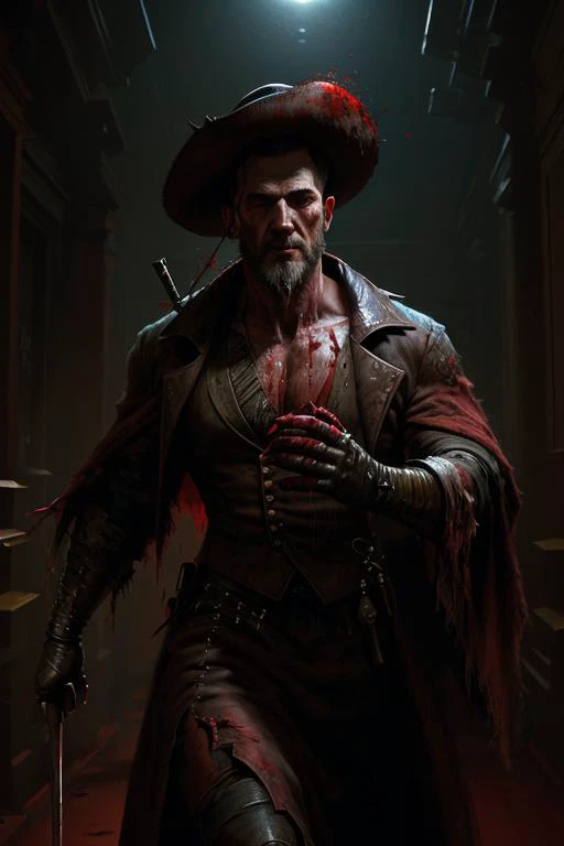 a man in a hat and leather outfit holding a knife