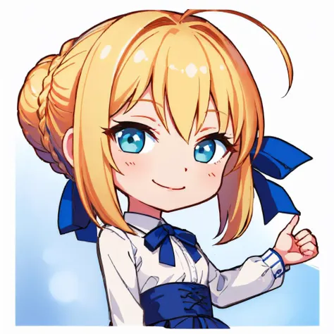 anime girl with blonde hair and blue eyes in a white shirt