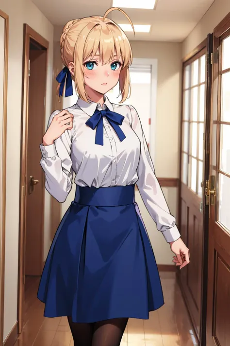 anime girl in a school uniform walking down a hallway