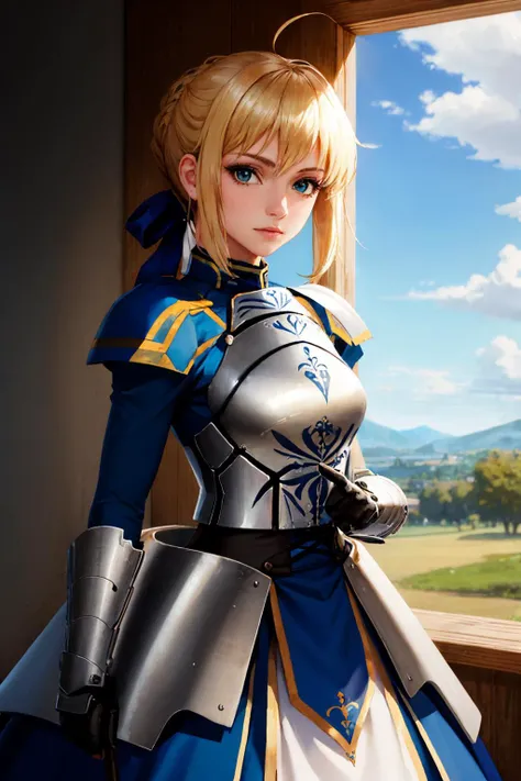 a woman in a blue dress and armor poses for a picture