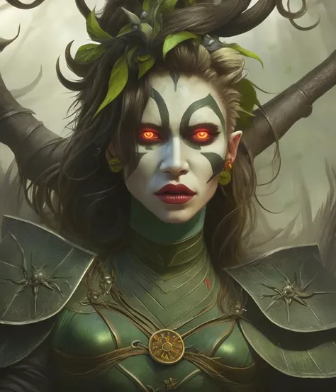 a (mid-range) portrait of an ugly green-skinned female Death Troll in a Samurai outfit in a dark spooky forest, cinematic, high detail, artwork by wlop, and loish, Professional, masterpiece, commissioned, (attractive face), facial expression, 4k, polycount...