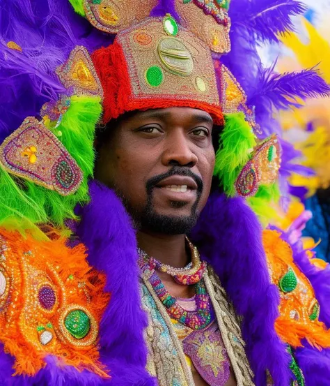 an analog photo of a man wearing a colorful feathered costume with ornate patterns of beads and colorful jewels at a carnival celebration, CHV3CBigChief, fixed in post, color corrected, Professional, masterpiece, commissioned, attractive face, facial expre...