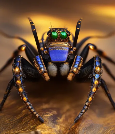 a close up of a spider with a blue and green face