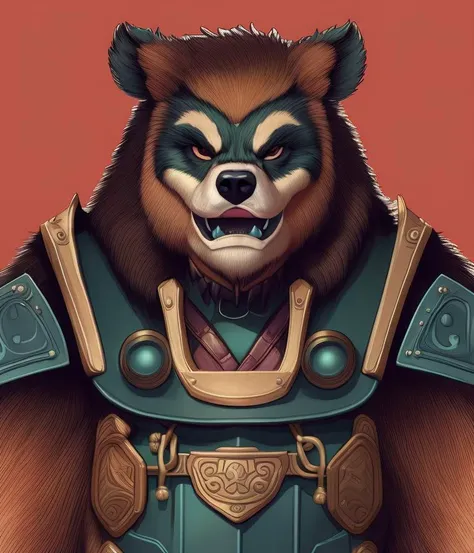 A medium profile shot of an anthropomorphic evil looking furry bear monster in heavy CHV3CKnight armor, hyper realistic, extremely detailed, 8k wallpaper, Professional, masterpiece, commissioned, flat shading, ink punk, thick pastel paint, thick pen lines,...