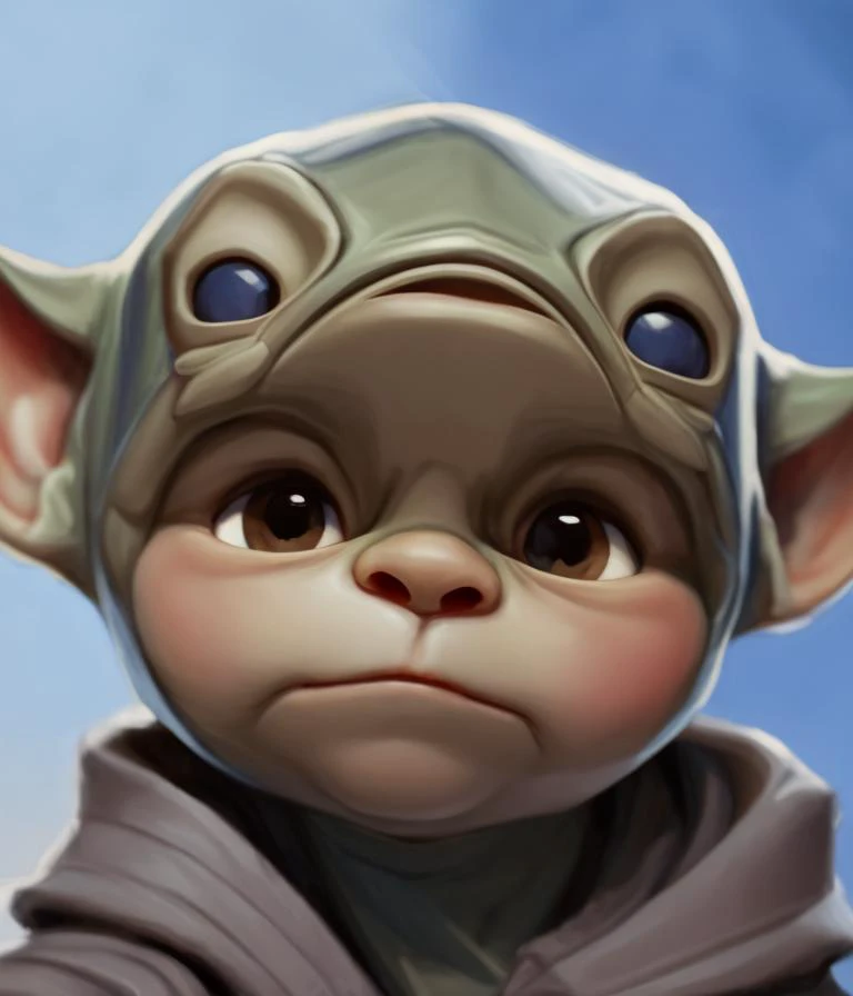 (close up of baby yoda from star wars), CharHelper,  ((close-up)) portrait, digital painting, artwork by leonardo davinci and alphonse mucha, high detail, professional, masterpiece, anime, stylized, face, facial expression, inkpunk, professional anatomy, p...