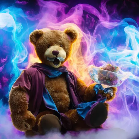 Waist up character portrait of a (teddybear wizard:1.3) brewing magical potions, CHV3CWIZARD, inside of a magical potion shop, cauldron cooking potions, magical energies, colorful smoke and fizzles