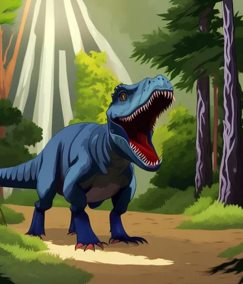 an illustration of a tyrannosaurus rex in a forest, auto-destructive art, closeup, ancient magus, jenna barton, drawn and painted, rotoscoped, full res, CHV3CDino, perfect composition, Professional, masterpiece, commissioned, best quality, Color Corrected,...