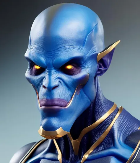 a close up of a blue man with yellow eyes and a blue suit