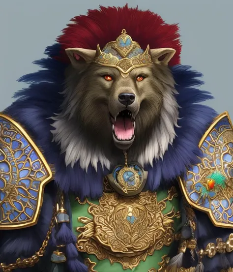 a n illustrated medium shot portrait of an anthropomorphic dire wolf in a colorful elaborate feathered costume with ornate details, anime style, CHV3CBigChief, warhammer 40k, octane, bling, Professional, masterpiece, commissioned, at a comic-con, artwork b...