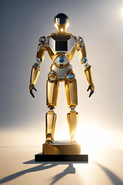 a close up of a golden robot standing on a pedestal