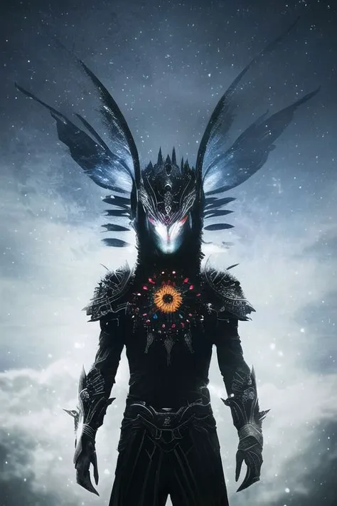 a man in a black outfit with wings and a glowing eye