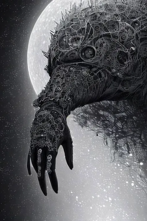 a close up of a person with a large hand on a moon