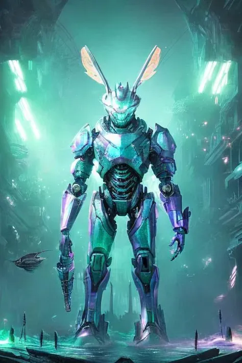 a robot standing in front of a futuristic city with a large rabbit head