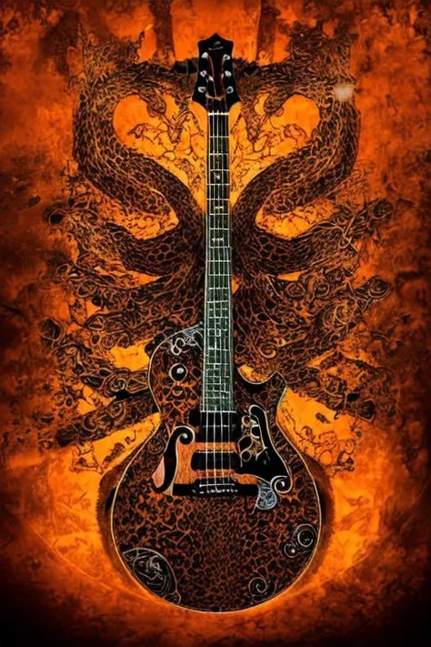 a guitar with a dragon on it sitting in front of a fire