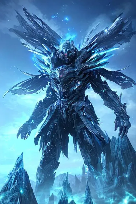 a large robot standing in front of a mountain covered in ice