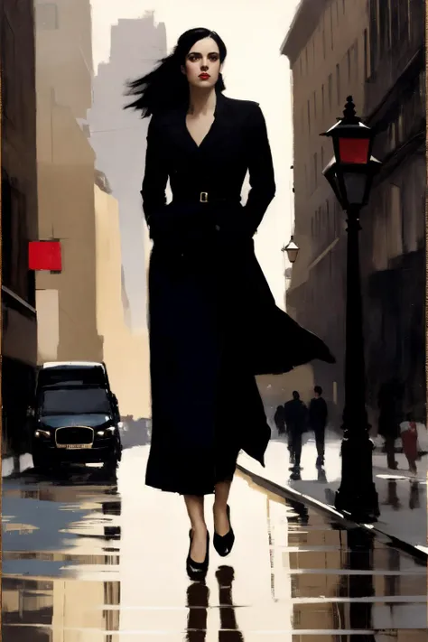 painting of a woman walking down a street in a black dress