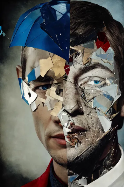 collage, broken umbrella, abstract art, fractural, spectris machina, garnet fragments, photorealistic, obscure face, water drop on glass, best quality, masterpiece, humanoid man <lyco:Collage:0.5>