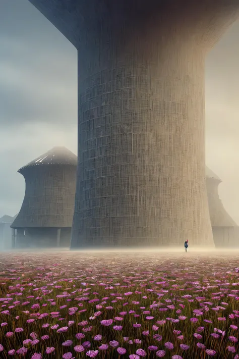 a man standing in a field of flowers in front of a large building