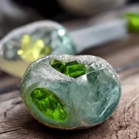 there are two green and yellow gems sitting on a wooden table