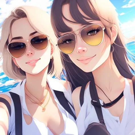 anime Cinematic lighting, Attractive Women that wear sunglasses, Summer season Selfies (SummerSelfie style:1) <lora:djzSummerSelfie:0.8)