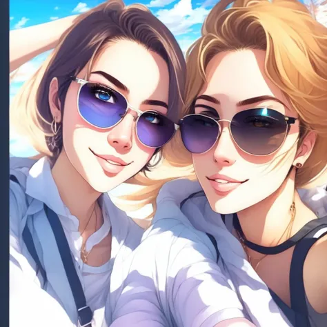 anime Cinematic lighting, Attractive Women that wear sunglasses, Summer season Selfies (SummerSelfie style:1) <lora:djzSummerSelfie:0.8)