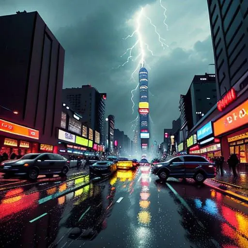 A bustling modern city at night, drenched in heavy rain. Neon lights from towering skyscrapers and billboards reflect off the wet streets, where people in raincoats and umbrellas hurry along the sidewalks. Cars splash through puddles as they drive by, and ...