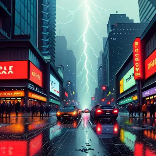 A bustling modern city at night, drenched in heavy rain. Neon lights from towering skyscrapers and billboards reflect off the wet streets, where people in raincoats and umbrellas hurry along the sidewalks. Cars splash through puddles as they drive by, and ...