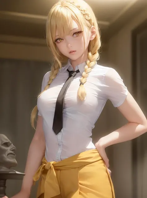 masterpiece, (photorealistic:1.4), best quality, view from abovee, beautiful lighting, , makima (chainsaw man), (1 girl), ((bust)), small breasts, (blond hair)+(the long braided hair)+(bangs), yellow eyes, golden eyes, (ringed eyes), (white shirt), (neckti...