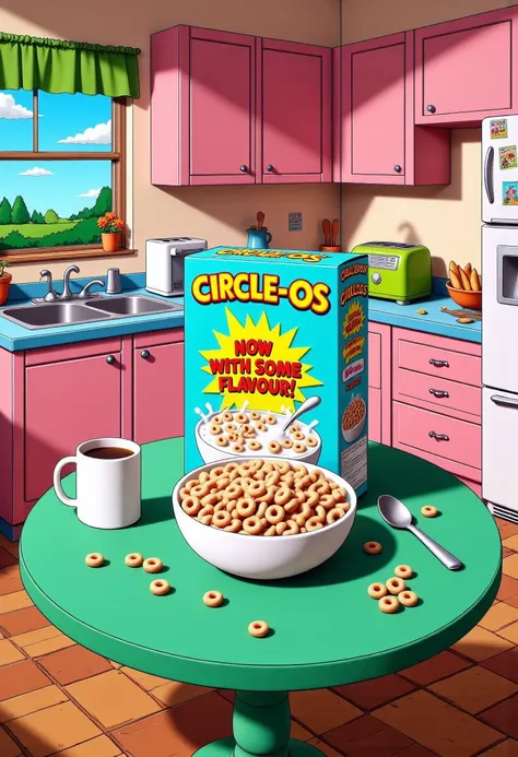 The image is a high-resolution photograph of a cereal box in a The Simpsons-style kitchen setting. A colorful box of "CIRCLE Os" is prominently displayed on a round, green kitchen table in a cozy, nostalgic kitchen setting. The box, a parody product, depic...