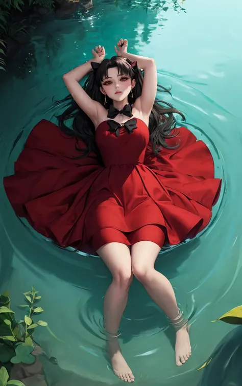 (masterpiece, best quality:1.4), insaneres, absurdres, solo, looking at viewer,BREAK 
Dress_Ishtar_ownwaifu, 
1girl, ishtar (fate), jewelry, hoop earrings, red eyes, black hair, two side up, tohsaka rin, hair bow, parted bangs, ishtar (fate)
red dress, red...