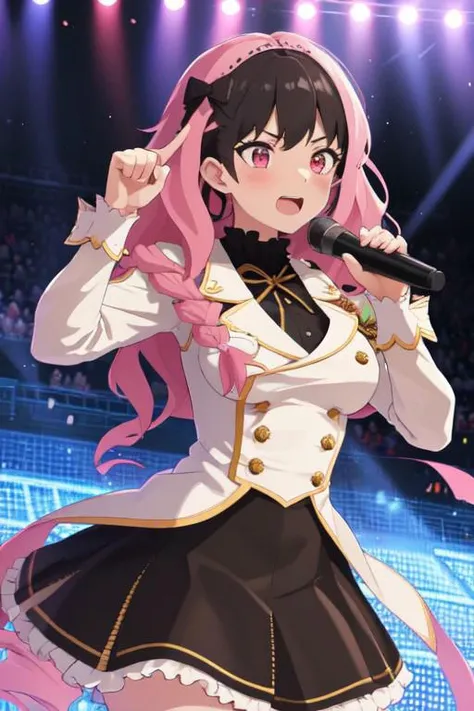 masterpiece, high quality,highres,1girl,solo,large E-cup breasts. Large breasts. pink wavy wig. embarrassed. twirling hair with finger. Idol. on stage. idol performing pose. elegant outfit.<lora:wig-v1-wasabiya:1>,pink wig, long wig, short hair, black hair...