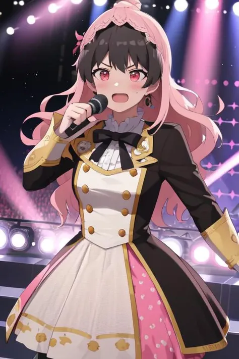 masterpiece, high quality,highres,1girl,solo,large E-cup breasts. Large breasts. pink wavy wig. embarrassed. twirling hair with finger. Idol. on stage. idol performing pose. elegant outfit.<lora:wig-v1-wasabiya:1>,pink wig, long wig, short hair, black hair...