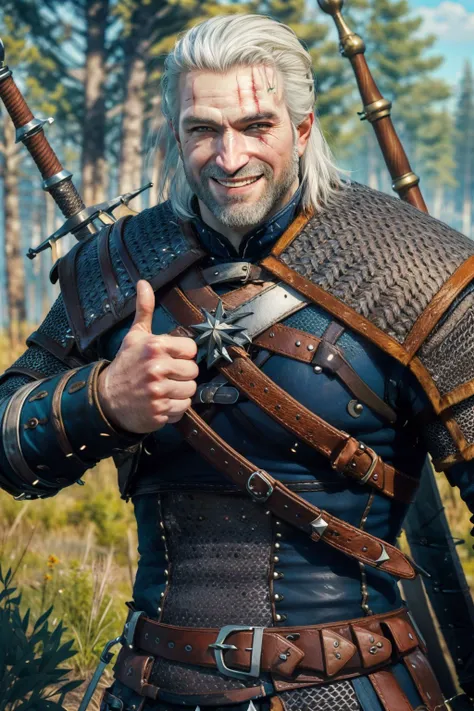 (masterpiece, top quality, best quality, official art, detailed:1.2), <lora:geralt-20:0.7>, geraldoW3, solo, looking at viewer, smile, 1boy, upper body, weapon, white hair, male focus, outdoors, sword, armor, grin, blurry, tree, blurry background, facial h...